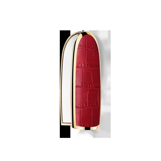 Ein roter Lippenstiftbehälter mit goldfarbenen Akzenten und Krokodilleder-Textur.