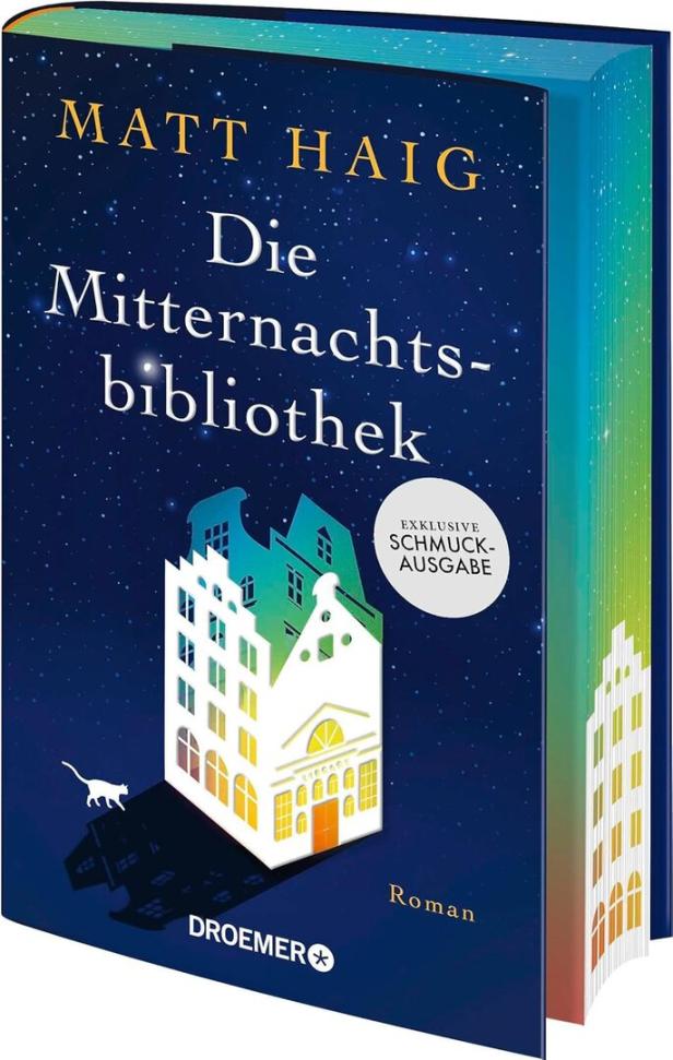 Das Cover des Buches „Die Mitternachtsbibliothek“ von Matt Haig zeigt ein Gebäude in Sternennacht-Optik.