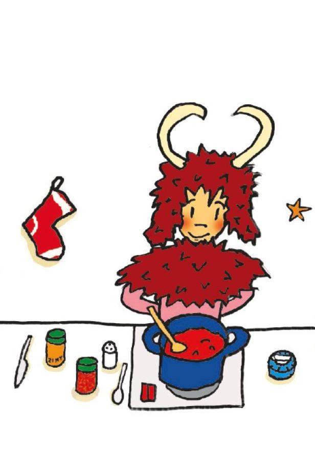 Ein Krampus kocht Chili.