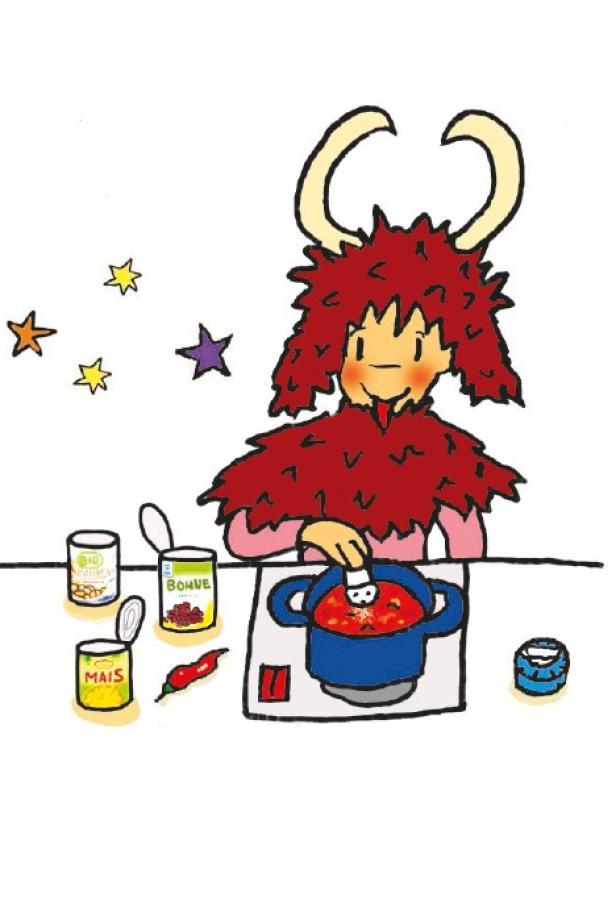 Ein Krampus kocht Chili mit Mais, Bohnen und Chilisauce.