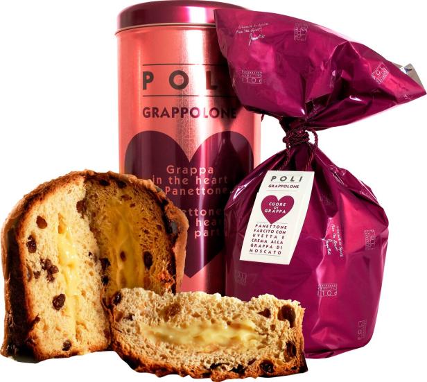 Ein angeschnittener Panettone von Poli Grappolone mit Rosinen und Grappa-Creme neben einer Dose und einer verpackten Version.