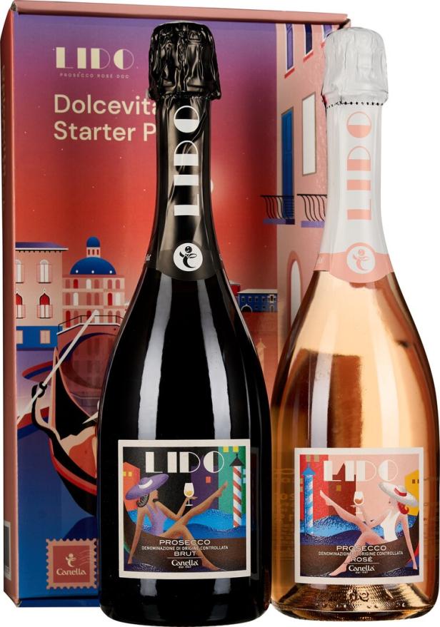 Zwei Flaschen Lido Prosecco, eine Brut und eine Rosé, vor einer venezianischen Kulisse.
