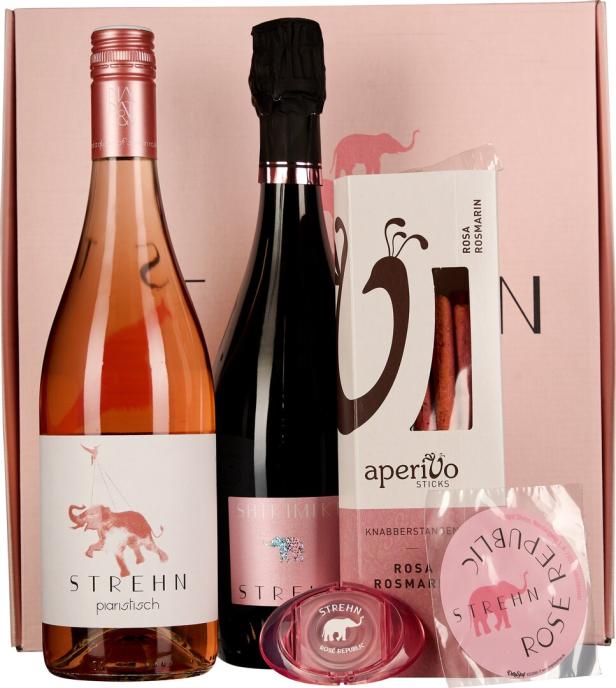 Ein Geschenkset mit Roséwein, Sekt und Aperitivo-Sticks der Marke Strehn.
