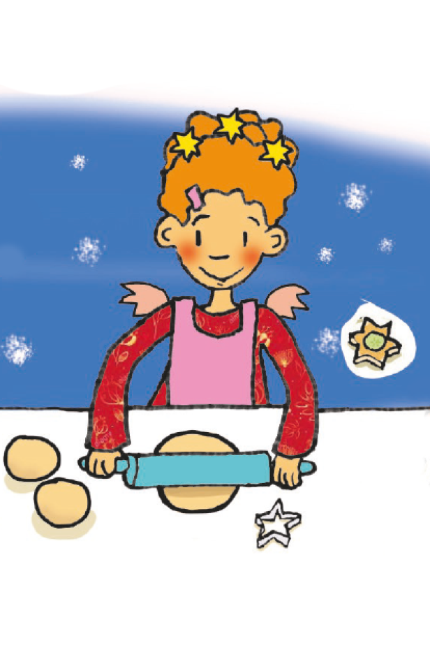 Lilli backt Weihnachtsplätzchen mit einem Nudelholz.