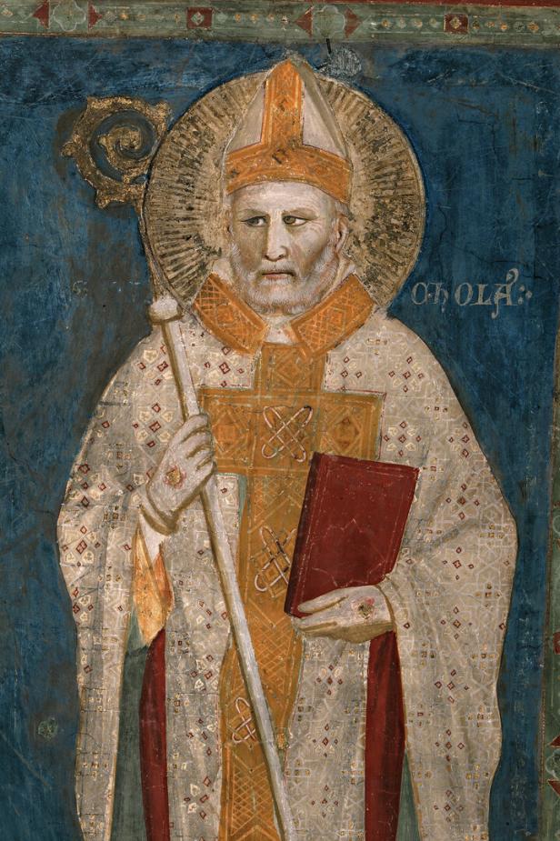 Ein Gemälde des Heiligen Nikolaus mit Bischofsstab und Buch.