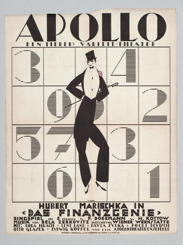 Ein grafisches Schwarz-Weiß-Plakat für das Stück „Das Finanzgenie“ im Varieté Apollo.