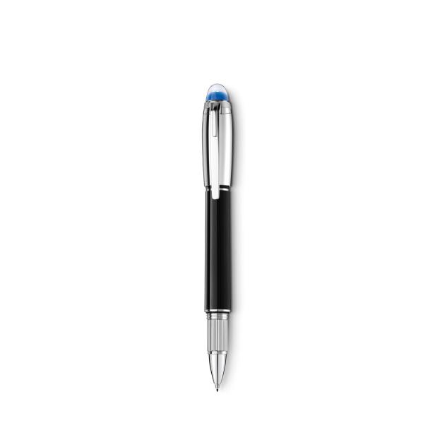 Ein Montblanc Rollerball-Stift mit schwarzem Schaft und silbernen Akzenten.