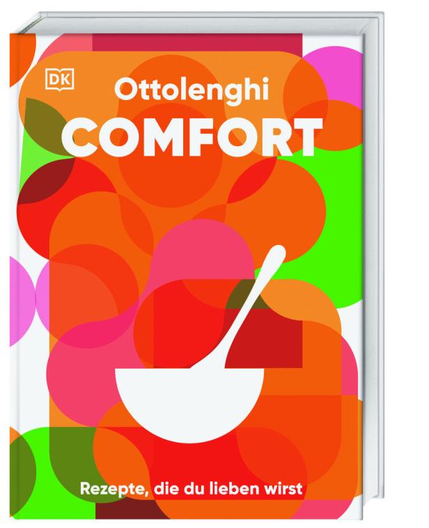 Das Kochbuch „Ottolenghi Comfort“ mit farbenfrohem Cover und einer Schöpfkelle.