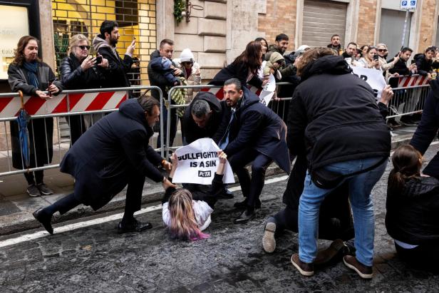 PETA activists stage a protest against bullfighting as Pope Francis arrives for Immaculate Conception celebration prayer, in Rome