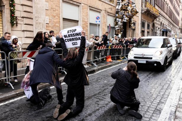 PETA activists stage a protest against bullfighting as Pope Francis arrives for Immaculate Conception celebration prayer, in Rome