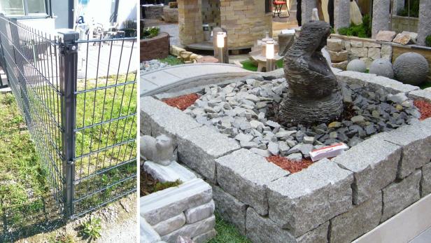 Links sieht man einen Garten mit Metallzaun. Rechts einen Garten aus Stein.