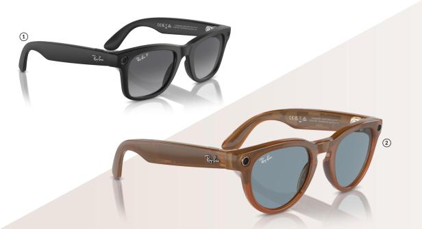 Zwei Ray-Ban Smart-Brillen in Schwarz und Braun werden gezeigt.