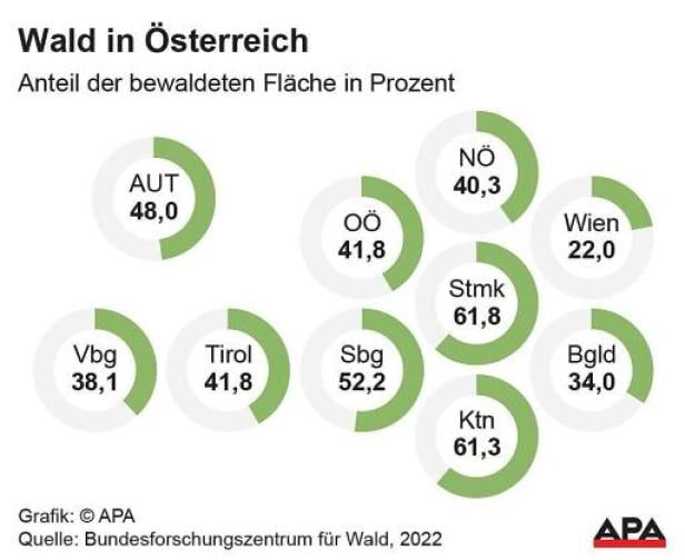 Anteil der bewaldeten Fläche in den Bundesländern Österreichs