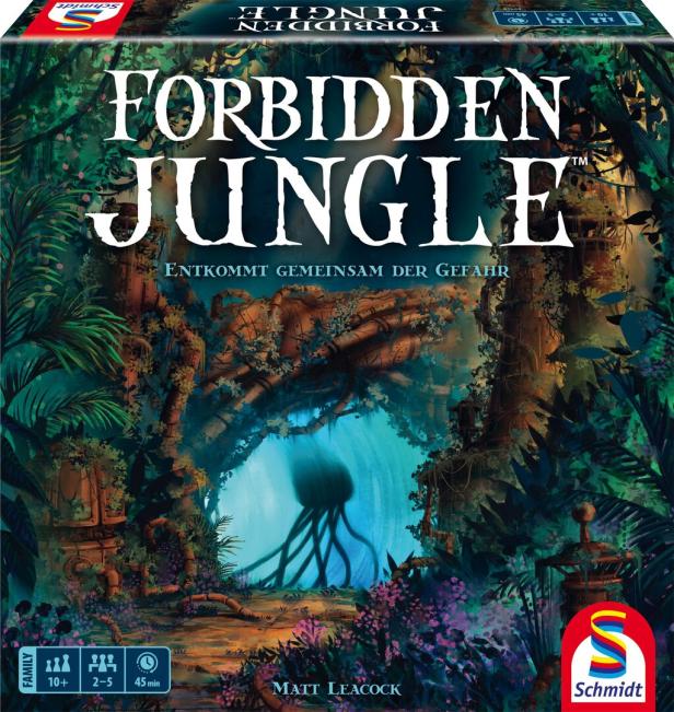 Das Cover des Brettspiels „Forbidden Jungle“ von Schmidt Spiele zeigt einen dichten Dschungel.