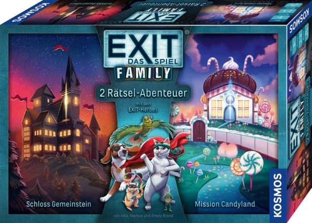 Die Verpackung des „Exit – Das Spiel: Family“-Brettspiels mit den Abenteuern „Schloss Gemeinstein“ und „Mission Candyland“.