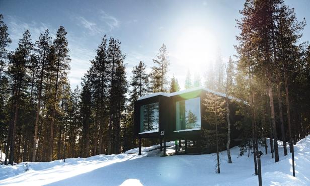 Ein modernes, dunkles Haus steht auf Stelzen in einer verschneiten Waldlandschaft.