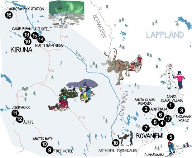 Eine illustrierte Karte von Lappland mit verschiedenen Winteraktivitäten und Sehenswürdigkeiten.