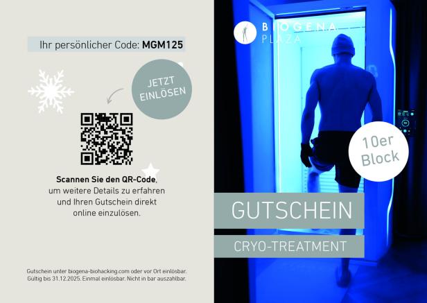 Ein Gutschein für eine Kryotherapie bei Biogena Plaza mit einem Mann in einer Kältekammer.
