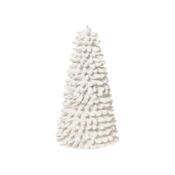 Ein dekorativer, weißer Weihnachtsbaum steht vor einem weißen Hintergrund.