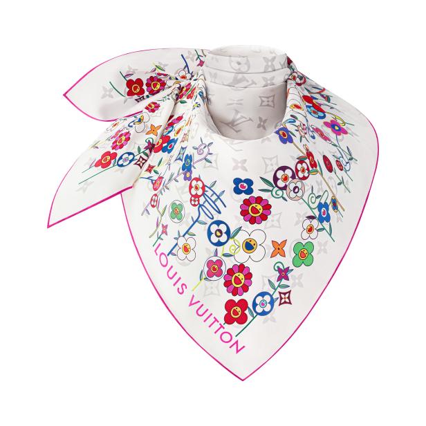 Ein weißes Louis Vuitton Halstuch mit bunten Blumen und pinkfarbenem Rand.