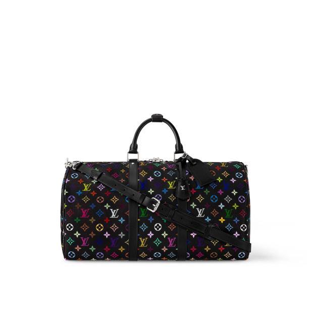 Eine „Keepall“-Tasche mit bunten Logos auf schwarzem Grund.
