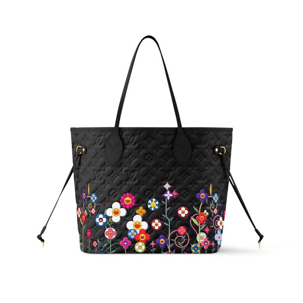 Eine schwarze Neverfull-Tasche mit bunten Blumenverzierungen.