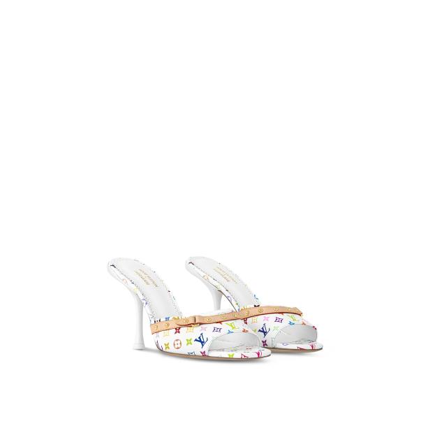 Weiße „Revival Mule Blanc“-Sandalen mit bunten Louis Vuitton-Logos.