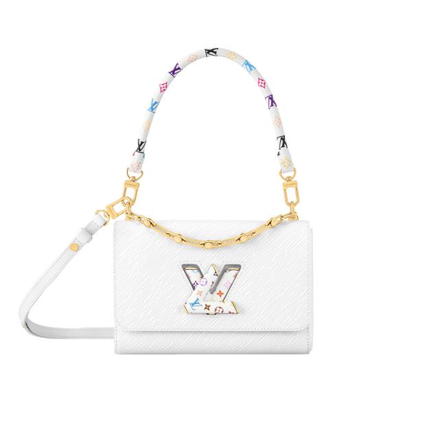 Die weiße „Twist MM Blanc“-Tasche von Louis Vuitton mit bunten Akzenten.