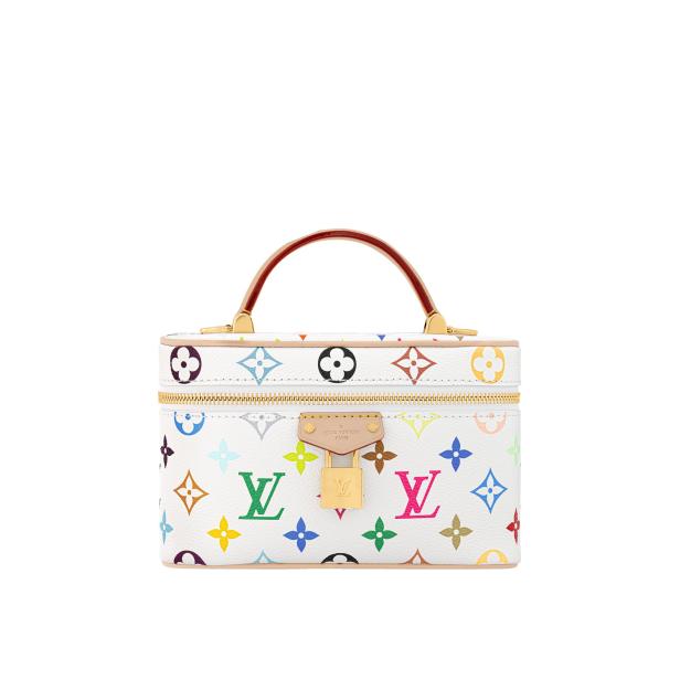 Eine Louis Vuitton Vanity Pouch Multio-Tasche mit bunten Logos auf weißem Grund.