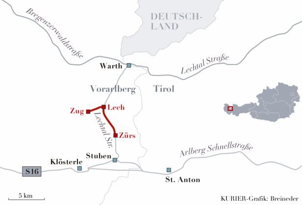 Eine Karte der Region um Lech, Zürs und Zug in Vorarlberg und Tirol.
