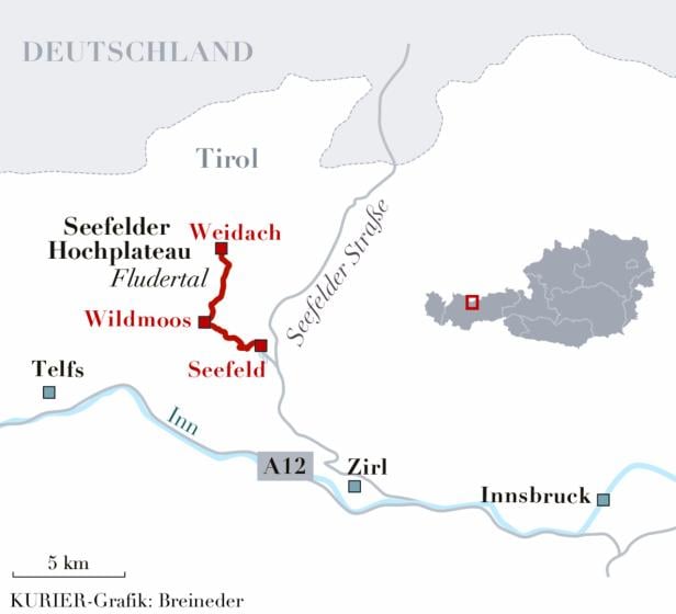 Eine Karte des Seefelder Hochplateaus in Tirol, Österreich, mit den Orten Seefeld, Wildmoos und Weidach.
