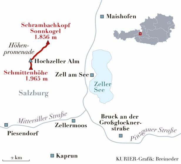 Eine Karte der Region um Zell am See in Österreich mit Bergen, Seen und Straßen.
