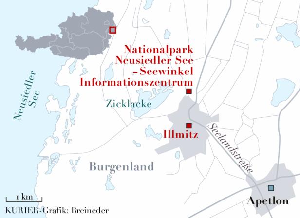 Eine Karte des Nationalparks Neusiedler See-Seewinkel im Burgenland mit den Orten Illmitz und Apetlon.