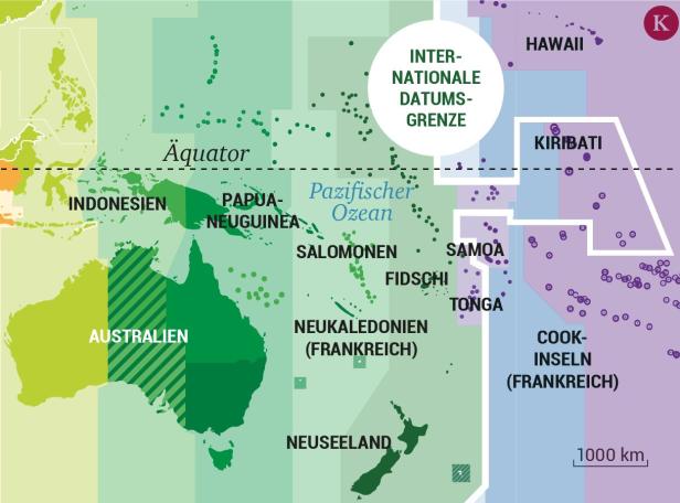 Eine Grafik wo die Zeitzonen zu sehen sind. Mit Fokus auf der der Verschiebung bei Kiribato