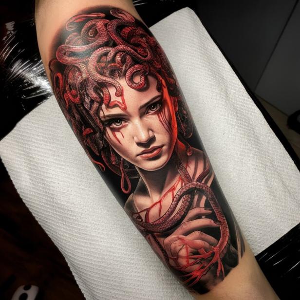 Eine realistische tätowierte Medusa mit Schlangen im Haar, die gar nicht hässlich ist wie die Mythologie-Gestalt.