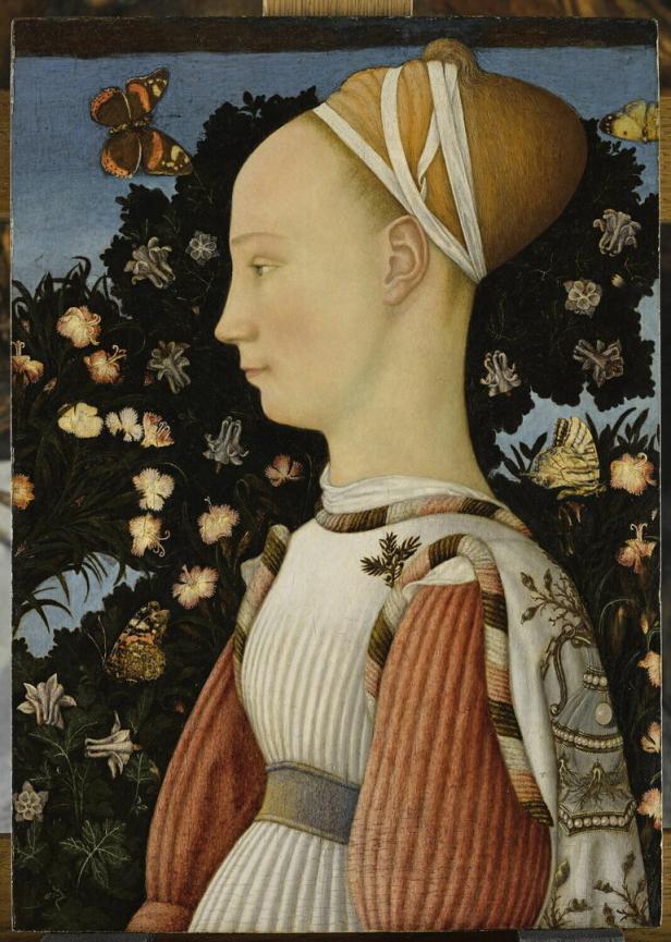 Ein Porträt einer jungen Frau im Profil vor einem Hintergrund aus Blumen und Schmetterlingen.