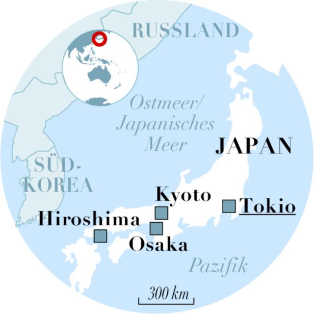 Eine Karte von Japan mit den Städten Tokio, Kyoto, Osaka und Hiroshima.