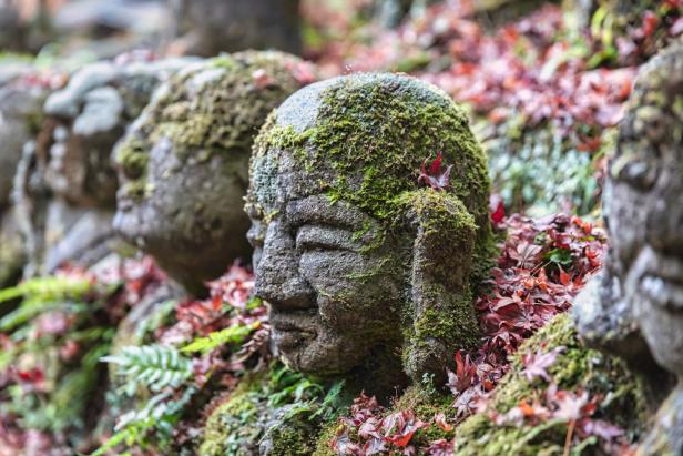 Moosbewachsene Steinköpfe mit japanischen Ahornblättern im Hintergrund.