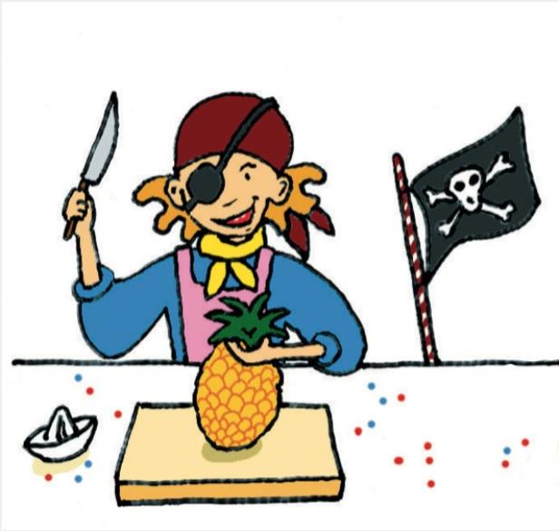 Ein Piratenmädchen mit Augenklappe bereitet eine Ananas zu, im Hintergrund eine Piratenflagge.