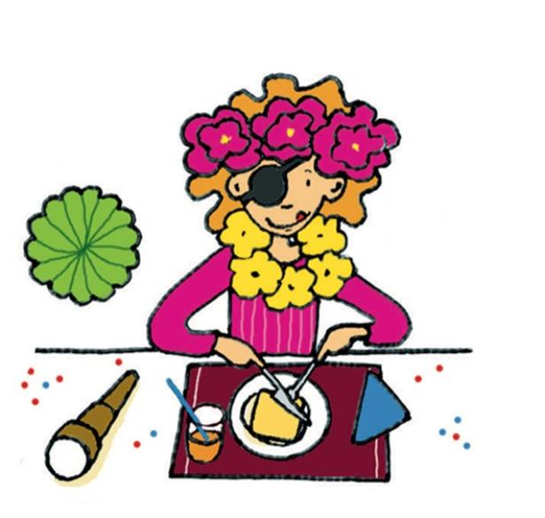 Ein Mädchen mit Augenklappe isst Toast Hawaii.