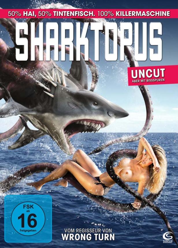 Das Filmplakat von „Sharktopus“ zeigt einen Hai-Tintenfisch-Hybriden und eine Frau im Meer.