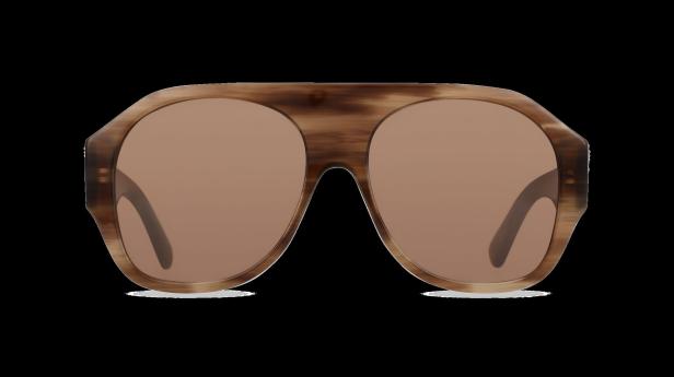 Eine braune Pilotenbrille mit braunen Gläsern vor schwarzem Hintergrund.
