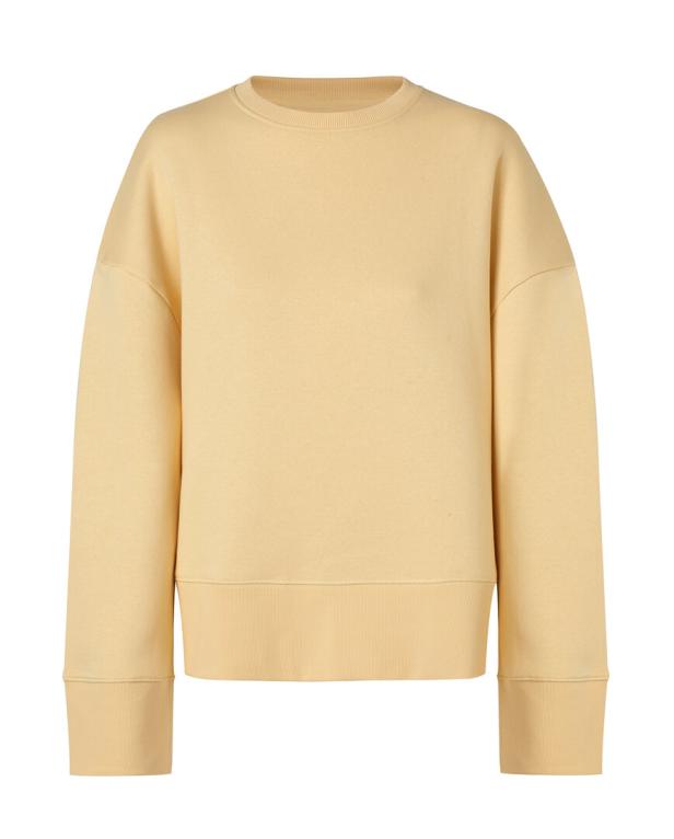 Ein hellgelbes, schlichtes Sweatshirt vor einem weißen Hintergrund.
