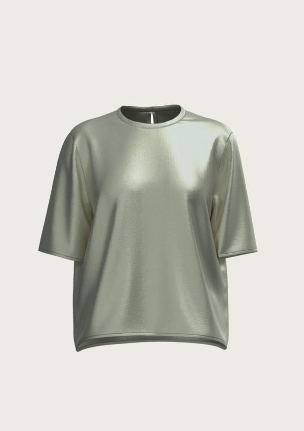 Ein glänzendes, hellgrünes T-Shirt mit kurzen Ärmeln.