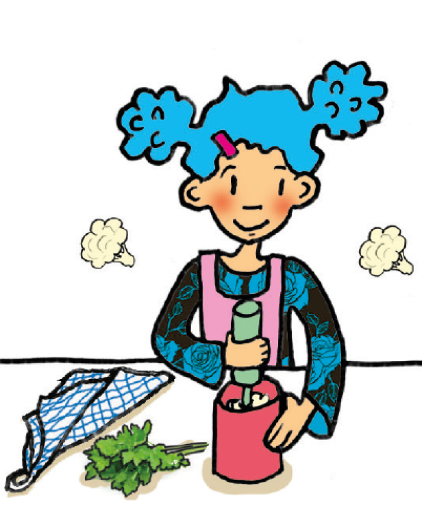Ein Mädchen mit blauen Haaren bereitet Karfiolreis zu.