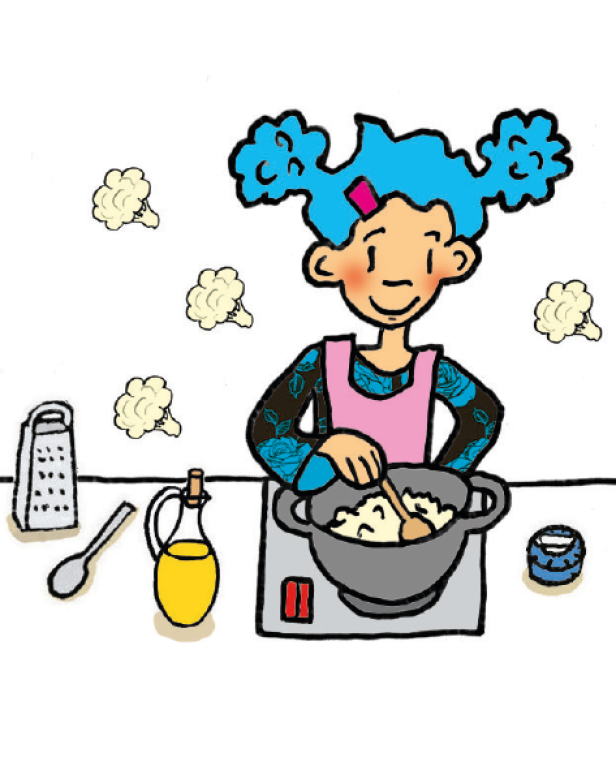 Ein Mädchen mit blauen Haaren kocht Karfiolreis.