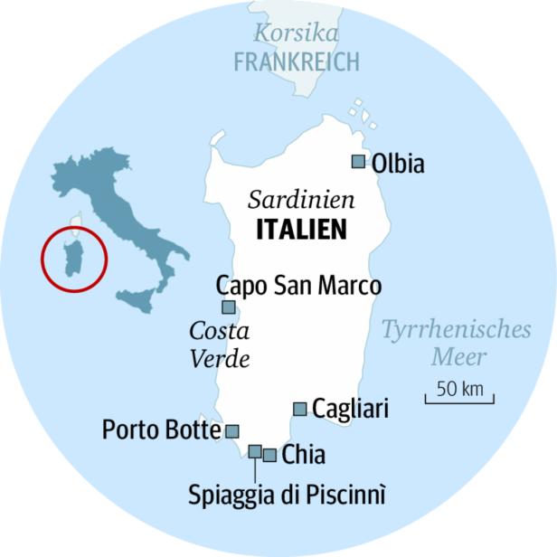 Eine Karte von Sardinien, Italien, mit hervorgehobenen Städten und Küstenabschnitten.