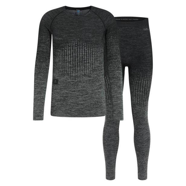 Ein graues, meliertes Thermounterwäsche-Set, bestehend aus Oberteil und Leggings.