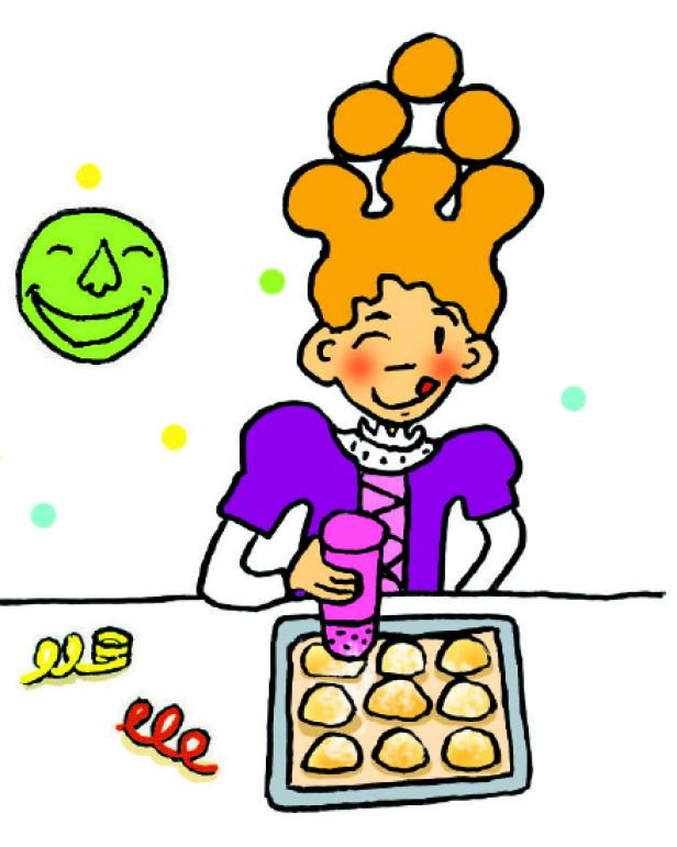 Eine gezeichnete Figur verziert Rahmkrapferln mit rosa Zuckerguss.