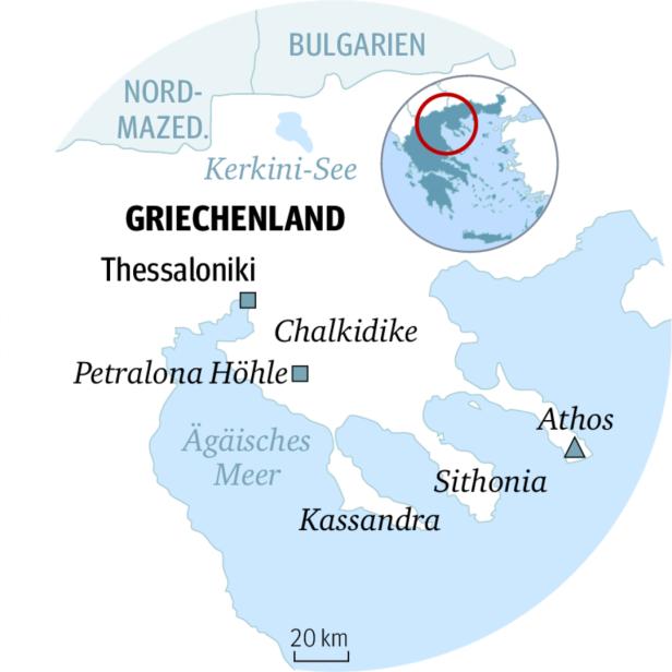 Eine Karte von Griechenland mit Hervorhebung der Region um Thessaloniki.